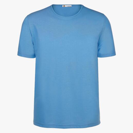 Hemelsblauw T-shirt voor heren, eenvoudig gepresenteerd op een tafel.