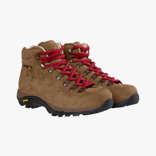 Dames wandelschoenen in bruin met rode veters, paarzicht