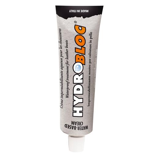 Tube met Hydrobloc®-crème voor leder, 75 ml, op een witte achtergrond.