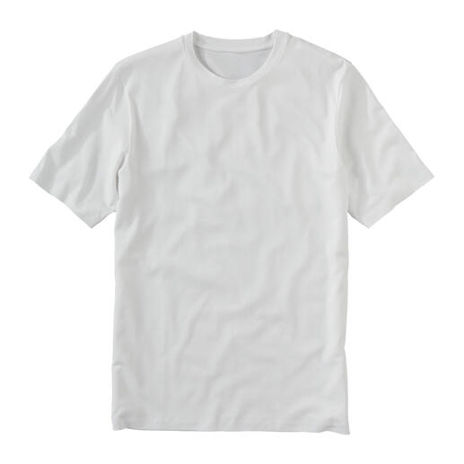 Wit Tencel™-basic T-shirt op een grijze achtergrond.