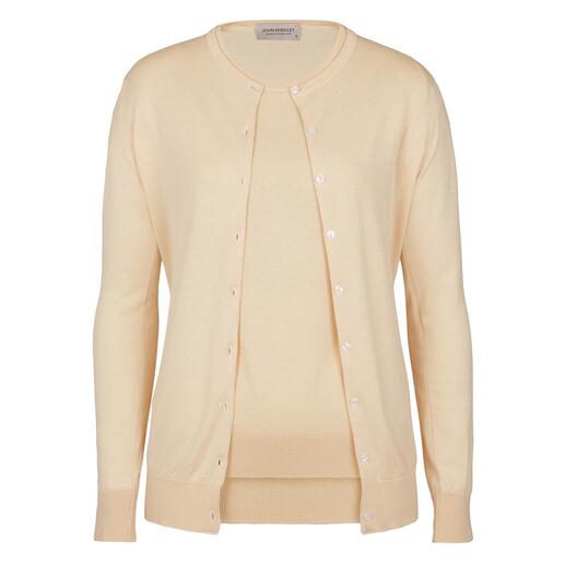 Beige John Smedley essentiële twinset bestaande uit T-shirt en cardigan.