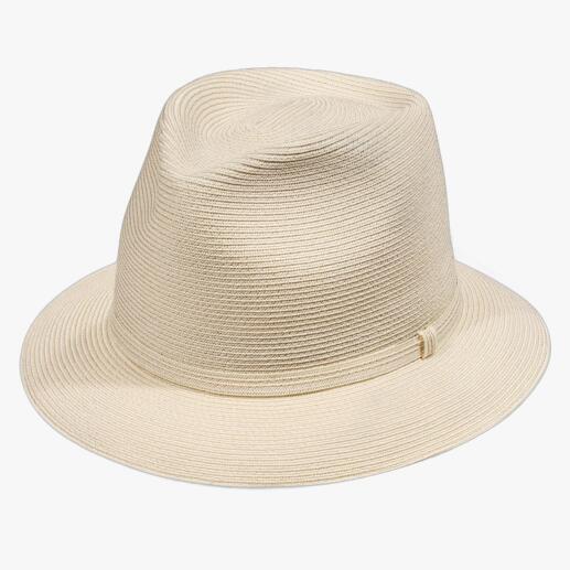 Beige Fedora-hoed met smalle rand in maat 56 cm.