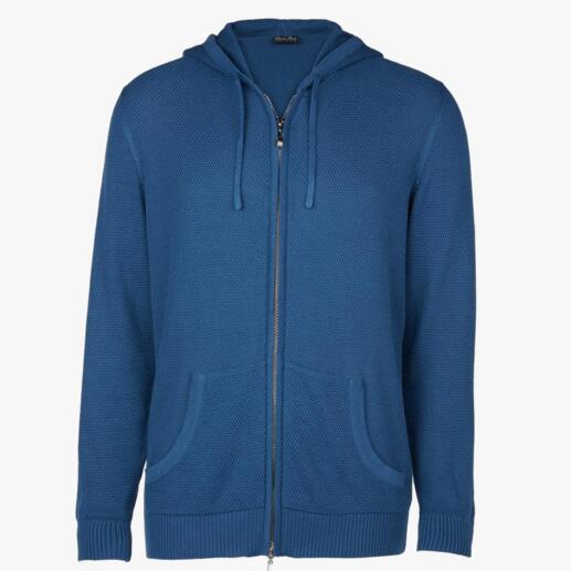 Donkerblauwe fijngebreide hoodie met rits en zakken.