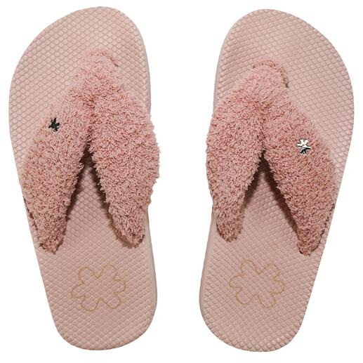 Fleece flipflop in roos, van boven met twee dwarsbanden.