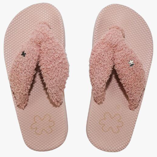 Fleece flipflop in roos, van boven met twee dwarsbanden.