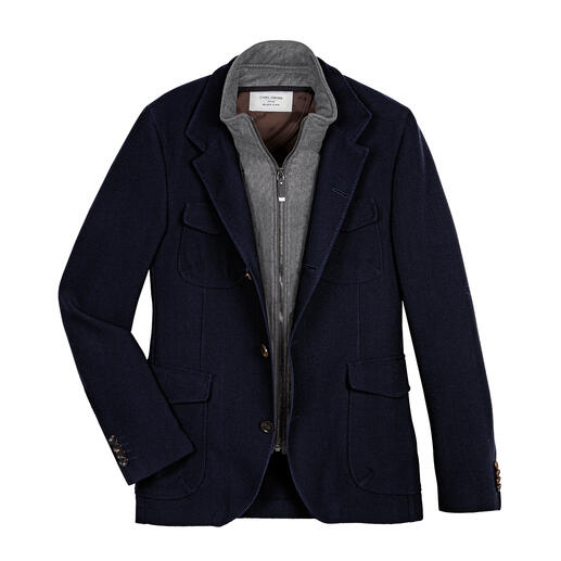 Carl Gross jersey jas      Warm als een outdoorparka, zakelijk als een colbert en comfortabel als een vest.