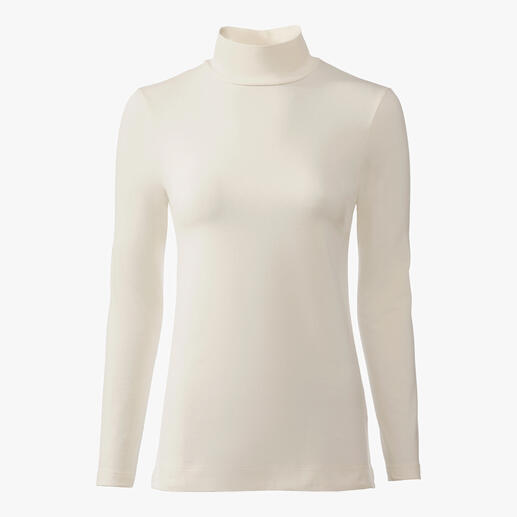 Crèmekleurig katoen/kasjmier highneck-shirt op een witte achtergrond.