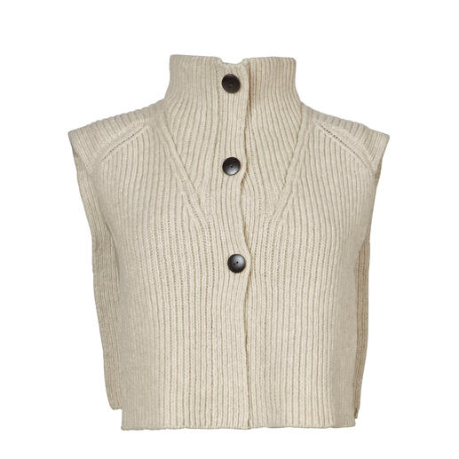 Beige kraag met drie zwarte knopen.