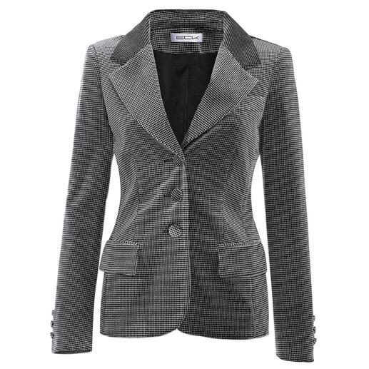 Voorkant van de fluwelen houndstooth blazer.