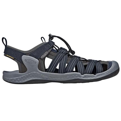 KEEN trekking-sandalen Zijkant van de KEEN® trekking sandaal in donkerblauw met koordsluiting.