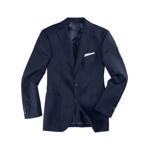 Zwarte blazer met knopen en zakken in vooraanzicht.