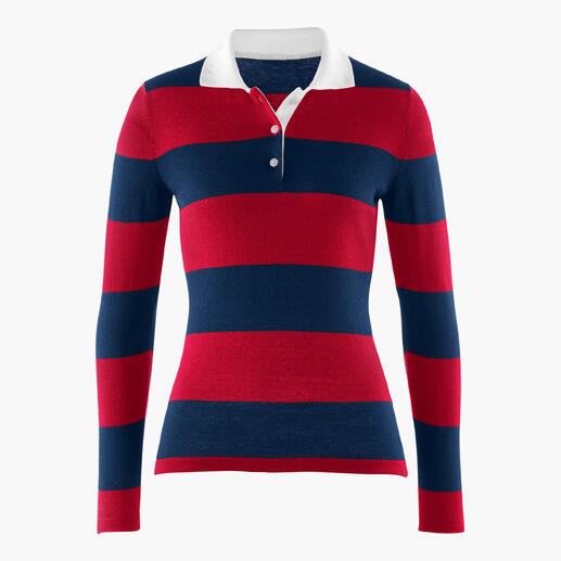 Rugby polo shirt in rood en blauw van voren.