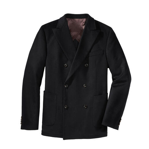 Zwart cashmere blazer van voren, elegant gesneden.