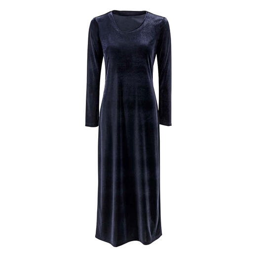 Donkerblauwe velours jurk met lange mouwen en V-hals.