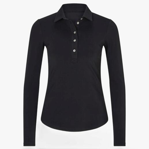 Zwart winterpoloshirt met lange mouwen en knoopsluiting op een witte achtergrond.