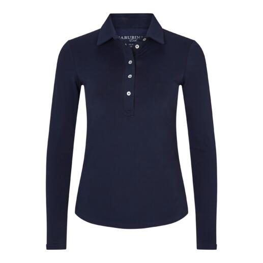 Navy winterpoloshirt met lange mouwen en knoopsluiting op een witte achtergrond.