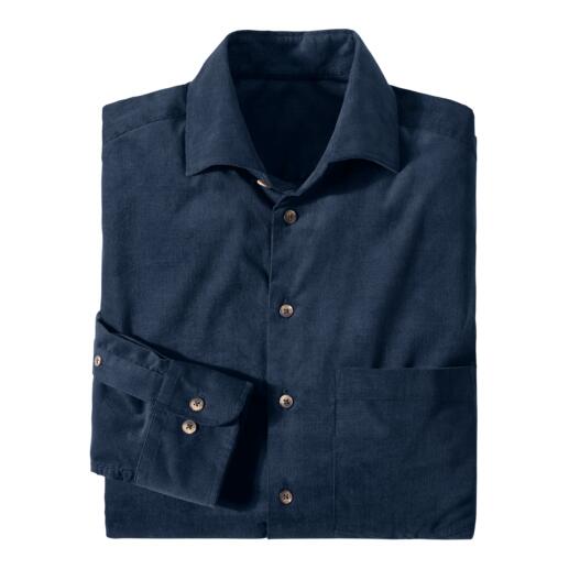 Donkerblauwe corduroy overhemd met lange mouwen en een borstzak, casual gevouwen.