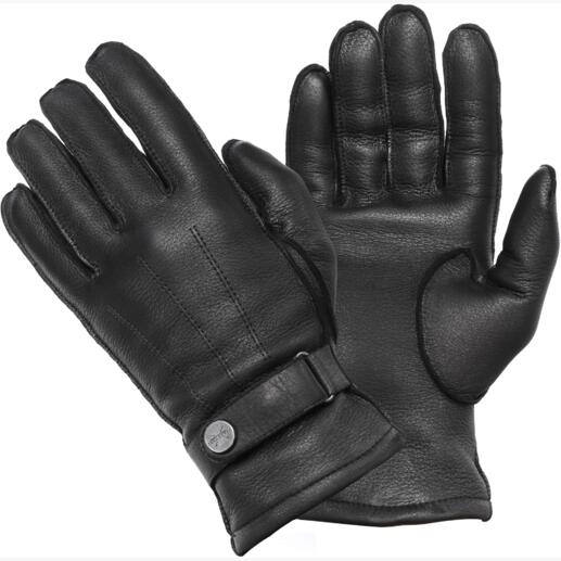 Zwarte hertenleren handschoenen, maat 8,5, op een witte achtergrond.