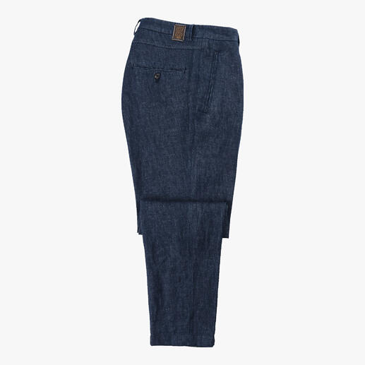 g1920 Indigo-linnen broek Op warme zomerdagen dragen gentlemen lichte, elegante jeans van puur linnen.