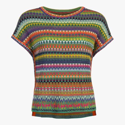IVKO gebreid jacquard­-boxy-shirt   Een meesterwerk qua breikunst: een veelkleurig trendmotief en een zomers lichte materialenmix.