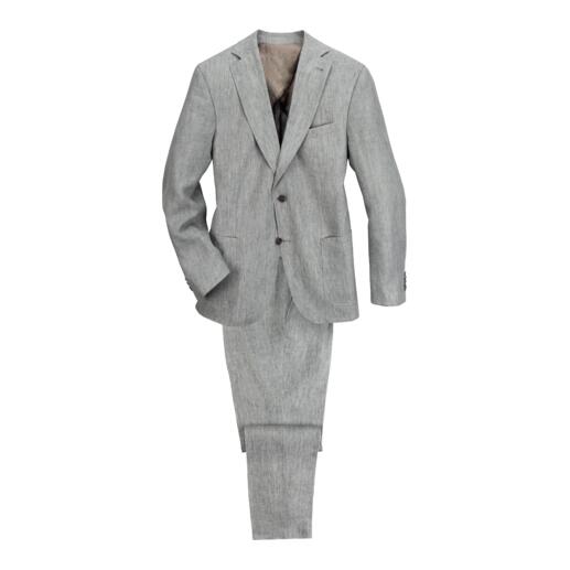 middelgrijs, colbert en broek Grijs linnen pak, bestaande uit een jasje en een broek, op een witte achtergrond.