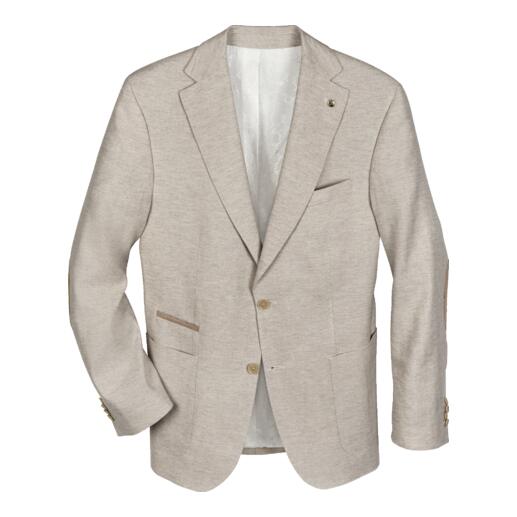 Beige business linnen jasje op een witte achtergrond, open en casual gedragen.