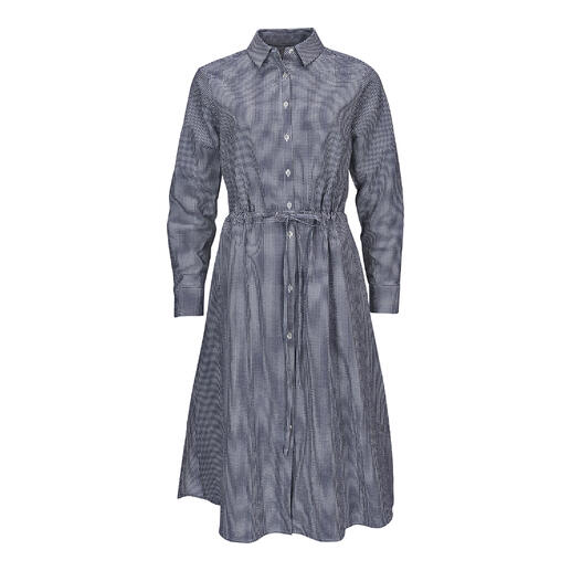Gestreepte seersucker jurk in blauw met knoopdetails
