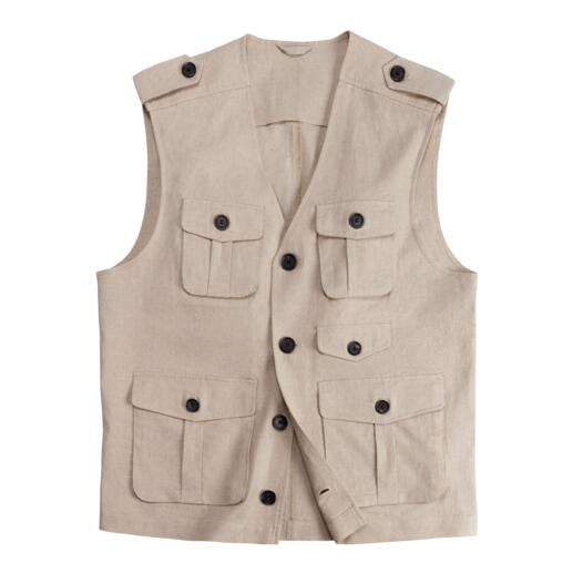 Beige linnen safari vest, voorkant met knopen