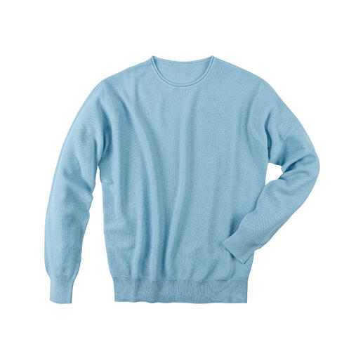 Pullover van lichtblauwe piqué-stof, maat 48.