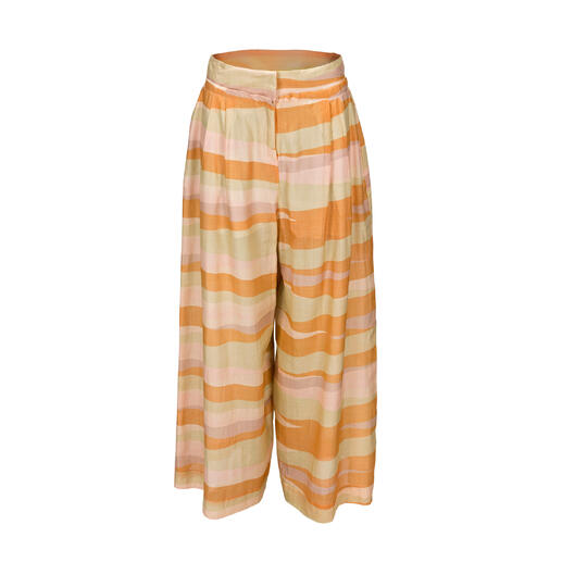 Broek met een gemêleerd ontwerp in roze, vanille, mosterd en lindegroen.
