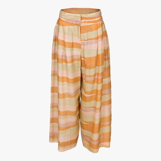 Broek met een gemêleerd ontwerp in roze, vanille, mosterd en lindegroen.