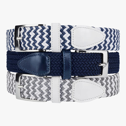 Bundel elastische riemen; kleuren: wit en jeansblauw met glanzende gespen