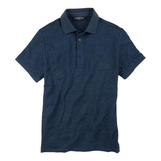 Donkerblau leinen polo-shirt in maat 48 met korte mouwen en een klassieke kraag.