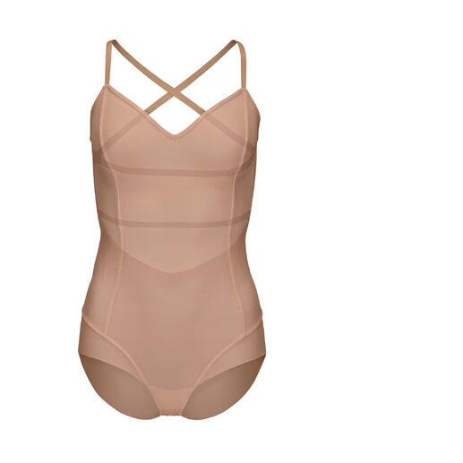 Vooraanzicht van een beige mesh body op een witte achtergrond.