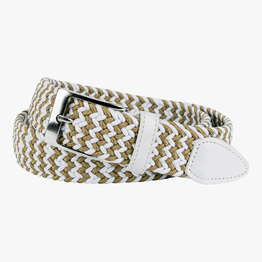 Elastische damesriem in wit en kaki, gevlochten ontwerp.