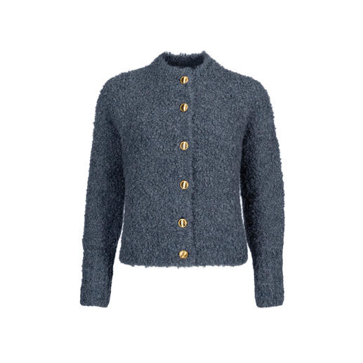 Grijze alpaca bouclé vest met gouden knopen.