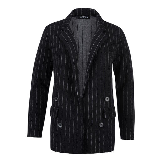 Zwarte gestreepte gebreide blazer met knopen.