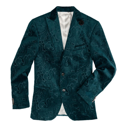 Groene paisley blazer, gedetailleerde weergave met textuur en zakken.