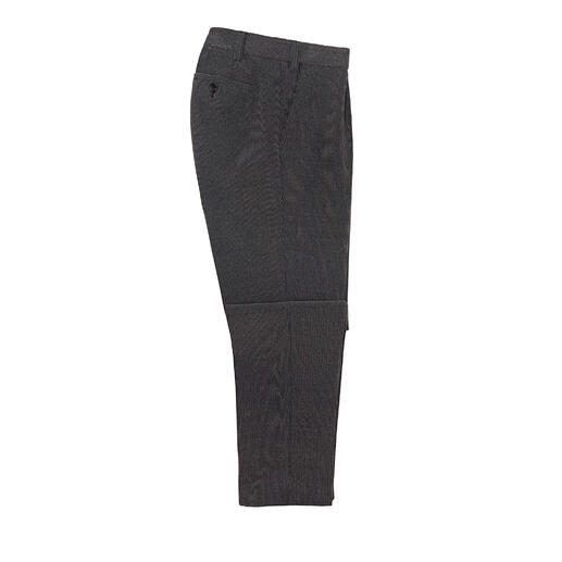 Grijze wollcord broek van de zijkant.
