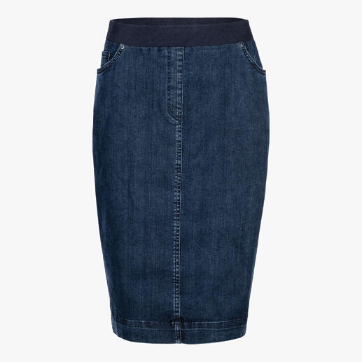 RAPHAELA BY BRAX jeansrok zonder sluiting Zo heerlijk comfortabel was de klassieke jeansrok waarschijnlijk nog nooit: met een brede stretchband van fijnrib en in een bijzonder elastische, fijne materialenmix.