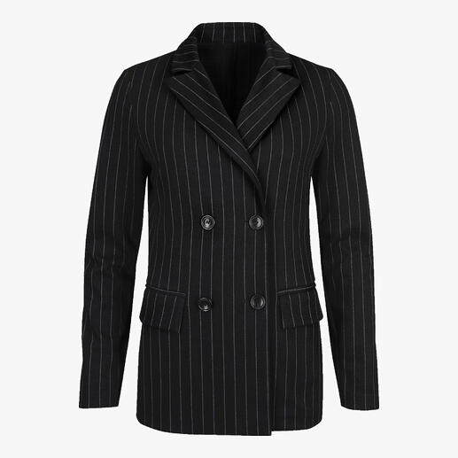 Zwart pinstripe blazer met dubbele rij knopen, vooraanzicht.
