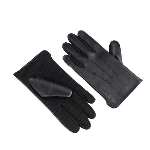 Zwarte leren handschoenen op een witte achtergrond, één hand open.