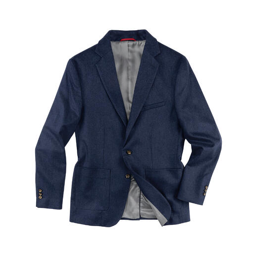 Kasjmier flanellen colbert in donkerblauw, vooraanzicht met open revers.