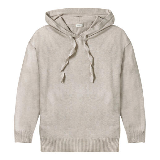 Beige hoodie met kangoeroe-zak en gedraaide veters.