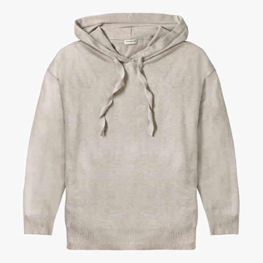 Beige hoodie met kangoeroe-zak en gedraaide veters.