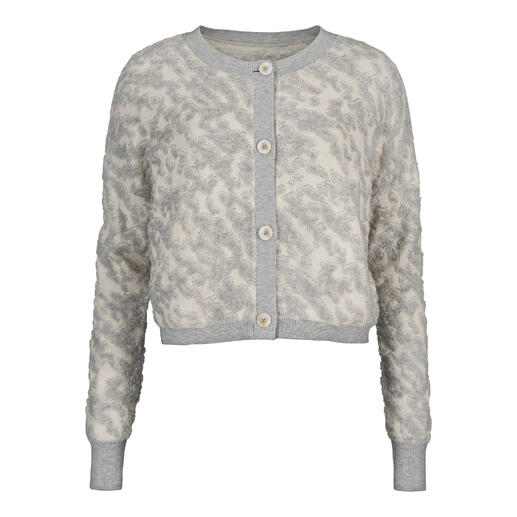 Grijze 3D-Jacquard jas met knopen en ronde hals.