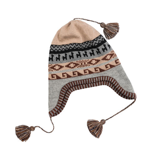 Peruaanse muts met geometrische patronen en kwastjes in beige, grijs en bruin.