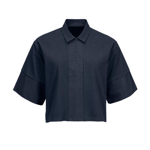 Boxy oversize blouse in donkerblauw, frontaal afgebeeld.