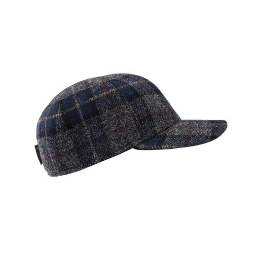 Gore-Tex wollen pet in zijaanzicht, grijs met een ruitpatroon