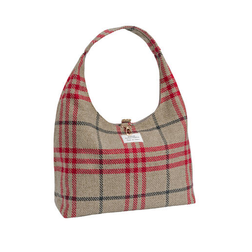 Frontalzicht van de Tartan-shopper met label, rood-wit geruit patroon